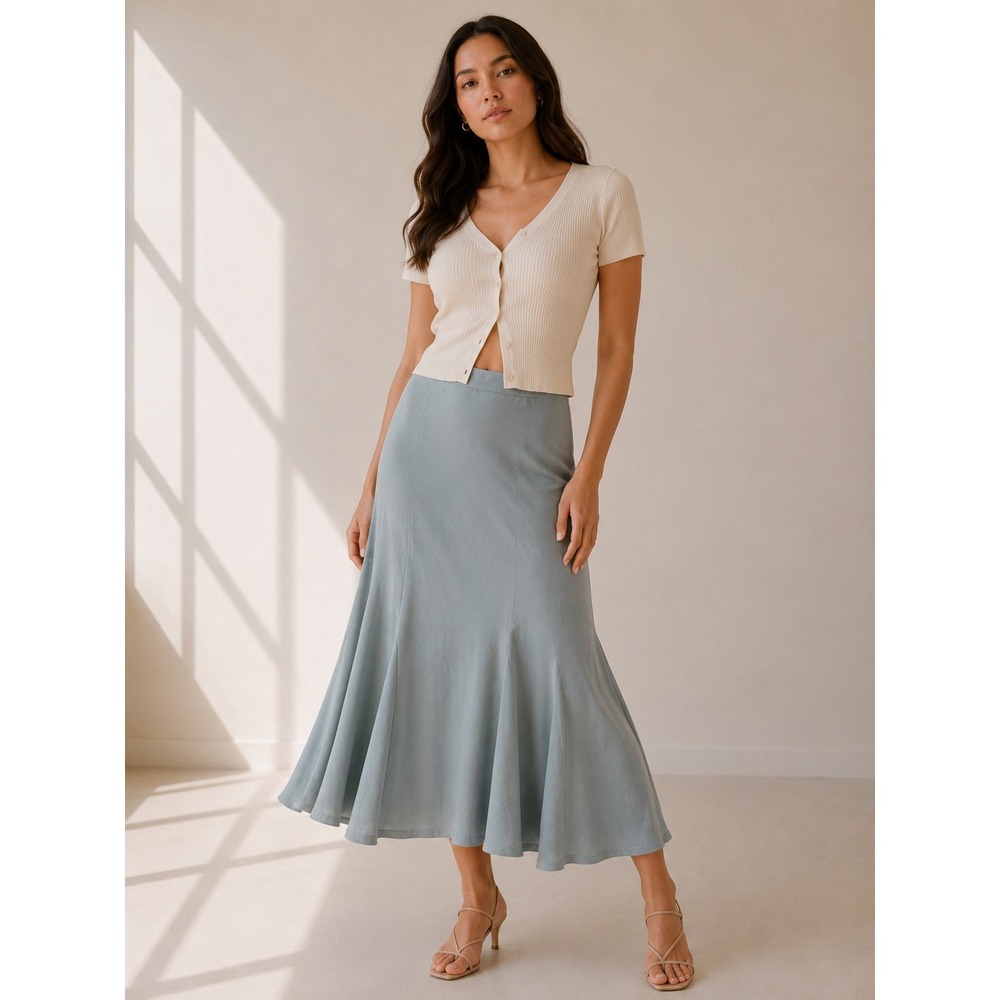 NWT April Cornell Faux Suede Skirt‎ Women L Sage Green Blue Mermaid Midi Flared
